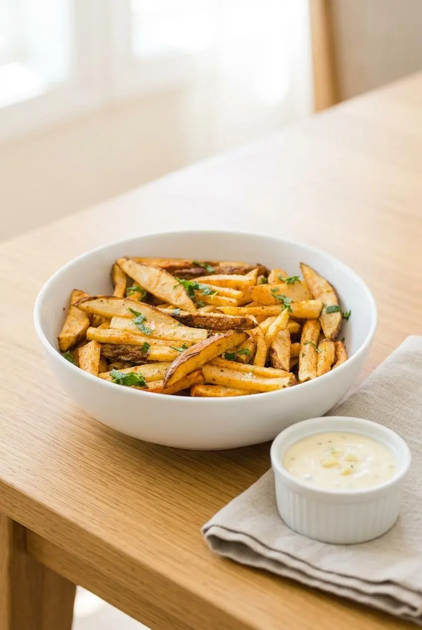 A white bowl of crispy air fryer french fries served on a wooden table with a small side dish of creamy garlic aioli for dipping.