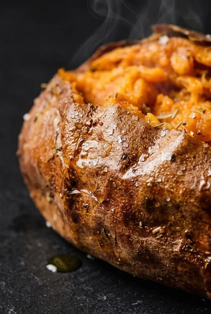 An extreme close-up on the blistered, salt-crusted skin of an air-fried sweet potato, glistening with a light coating of olive oil.