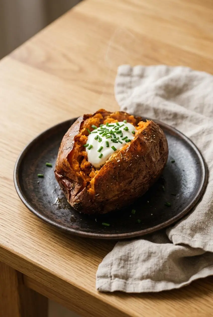 An air fryer baked sweet potato on a dark plate, split open and generously topped with a dollop of sour cream and fresh chives.