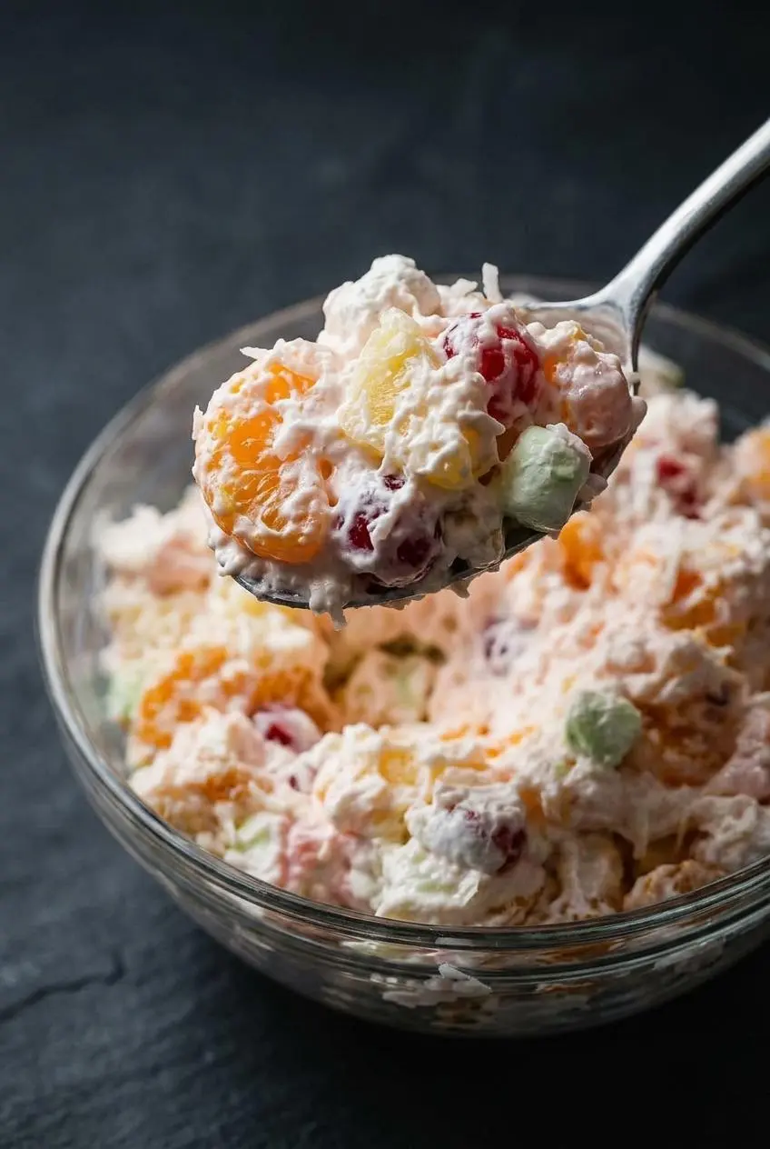 A close-up of a spoon lifting ambrosia salad, showing the thick, creamy dressing clinging to fruit and marshmallows with no watery liquid.