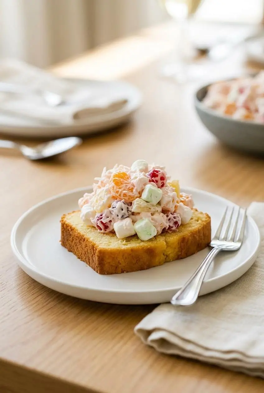 A slice of pound cake on a white plate, topped with a generous scoop of ambrosia fruit salad, with a fork resting nearby.