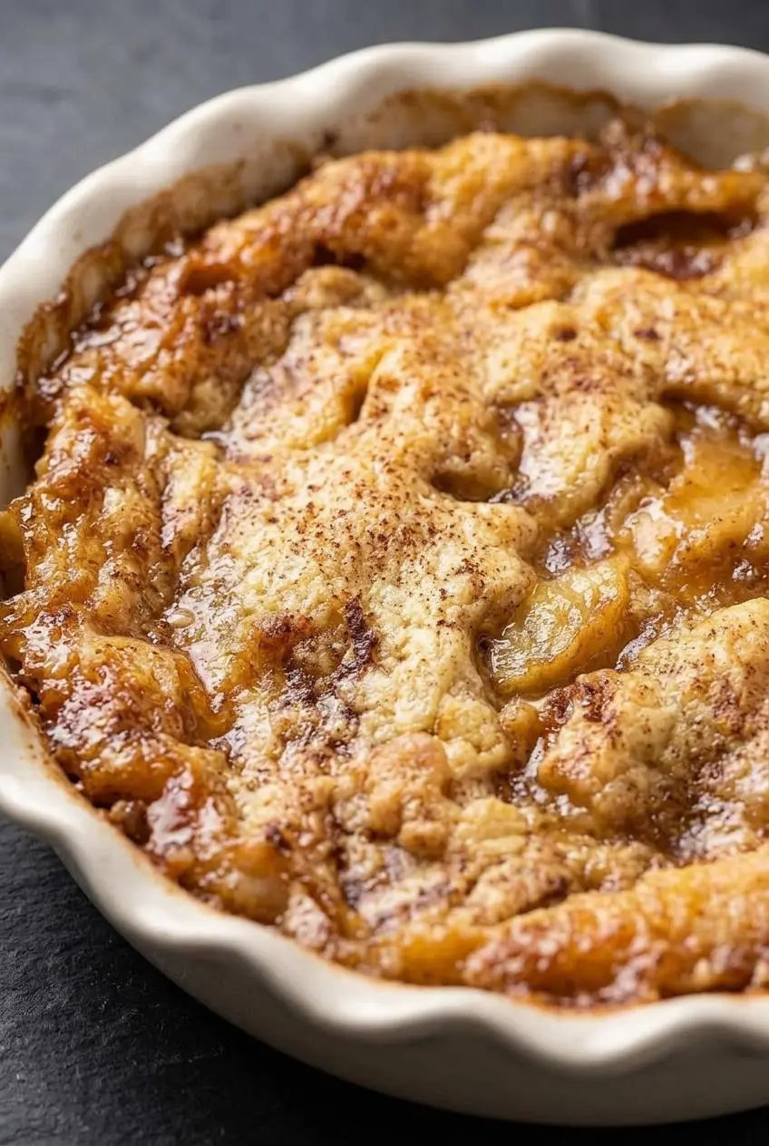 Close-up of baked apple cinnamon dump cake topping, showing melted butter patches and bubbling caramelized apple filling.