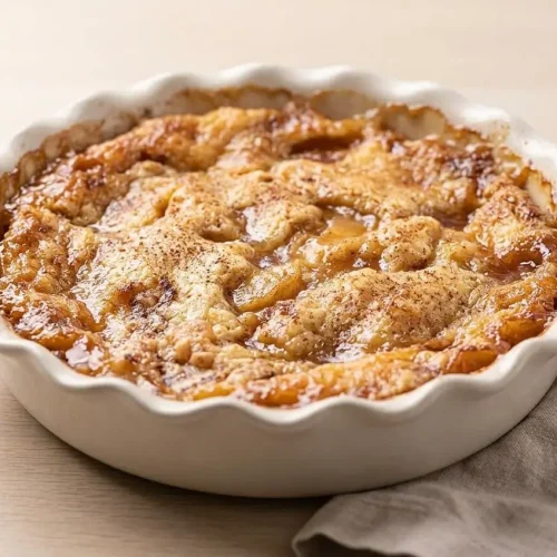 Baked Apple Cinnamon Dump Cake in a baking dish with a bubbling spiced apple layer and golden-brown cobbler crust.