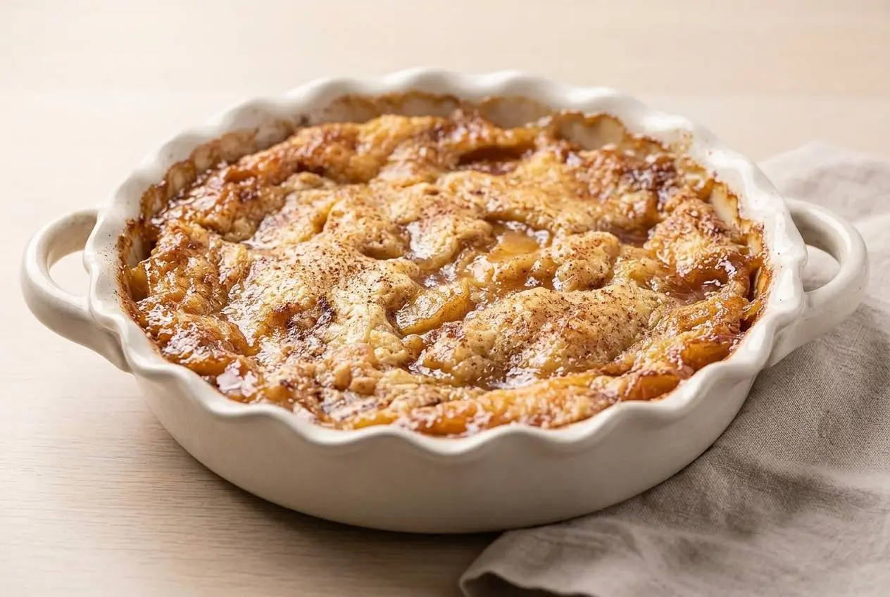 Baked Apple Cinnamon Dump Cake in a baking dish with a bubbling spiced apple layer and golden-brown cobbler crust.