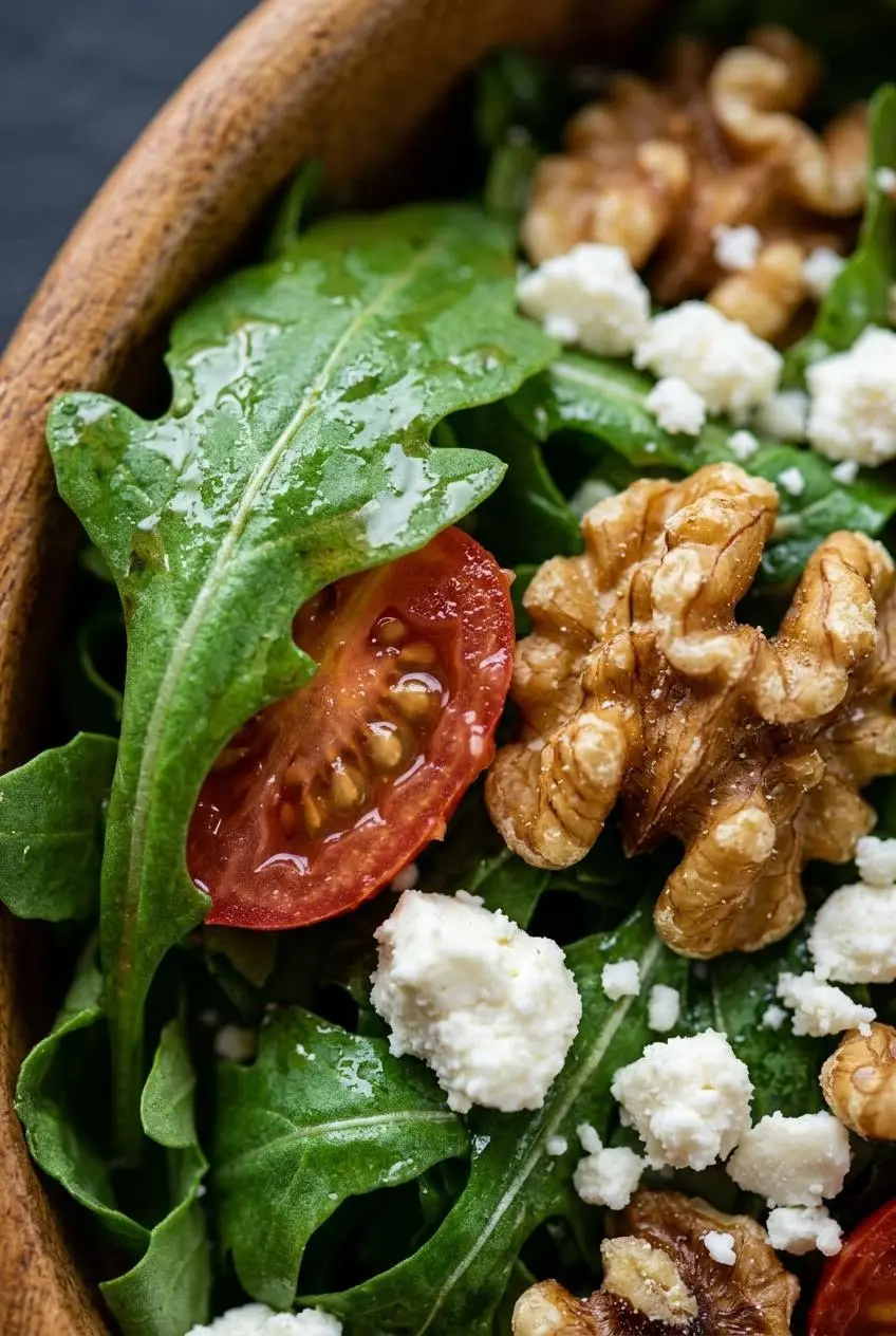 An extreme close-up of arugula salad, showing the glossy texture of a balsamic-coated arugula leaf next to a crumbly piece of feta and a