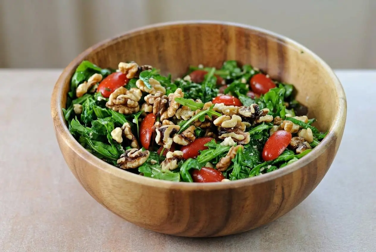 Arugula Salad with Feta in a white bowl, showing fresh peppery greens, halved grape tomatoes, walnuts, and chunks of creamy feta cheese.