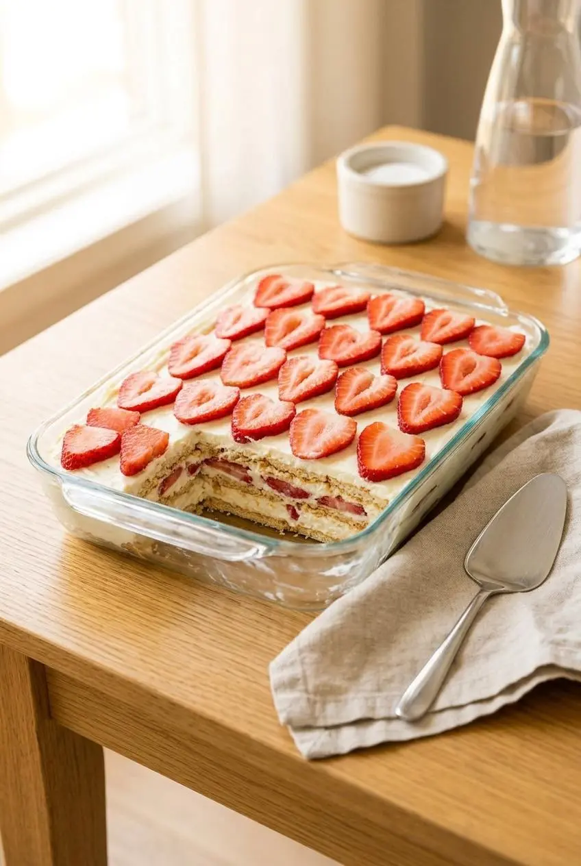 No bake strawberry cheesecake icebox cake assembled in a 9x13 glass dish with arranged strawberry slices on top.