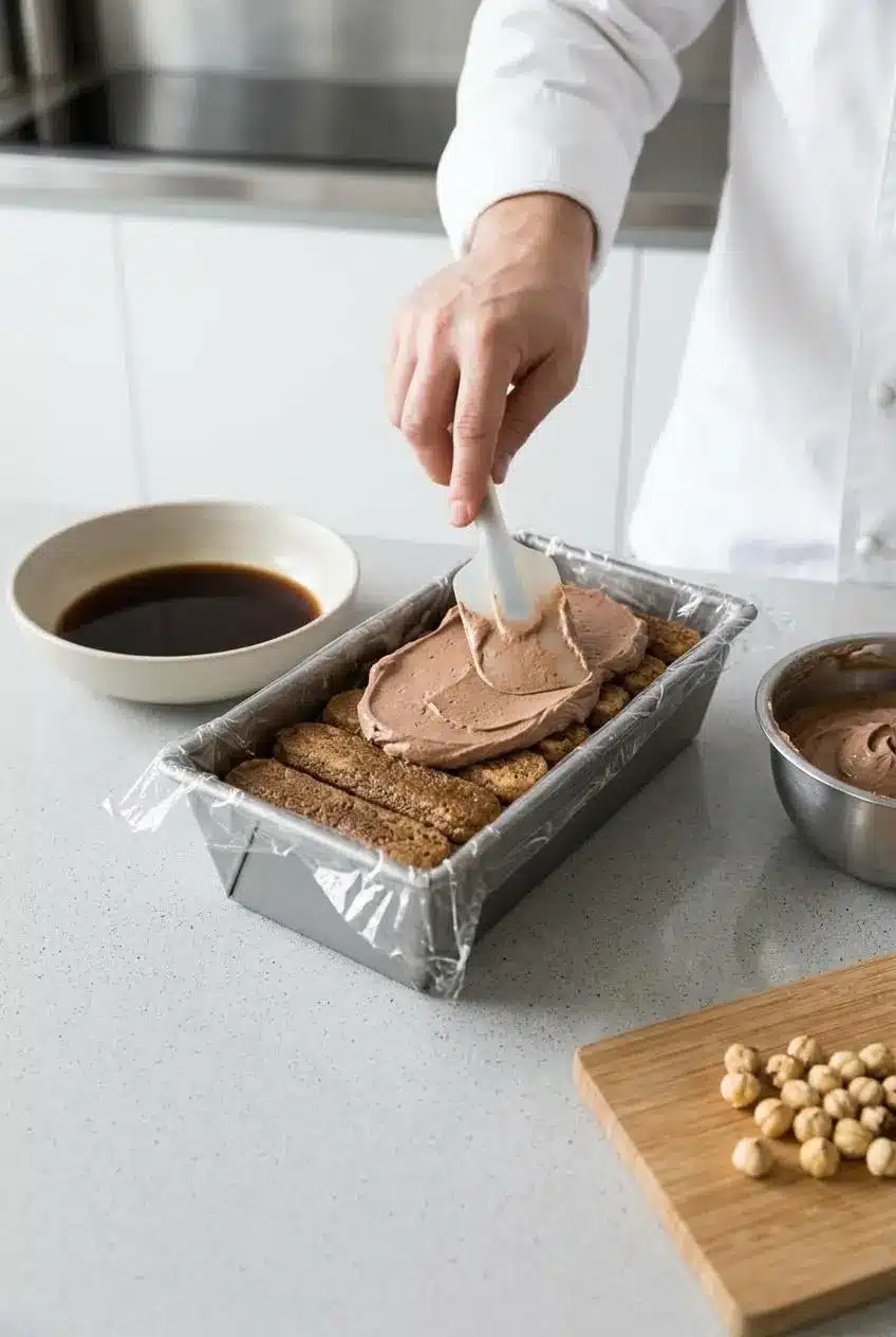 Spreading chocolate hazelnut mascarpone cream over coffee-dipped ladyfingers in a plastic-lined loaf pan.