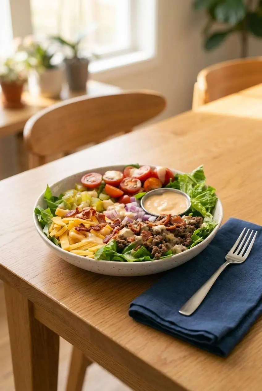 A bacon cheeseburger salad served in a white bowl on a wooden table, with crispy bacon crumbled on top.