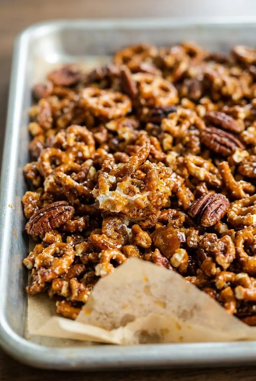Golden brown caramelized pretzel and pecan crunch cooling on parchment paper on a baking sheet.