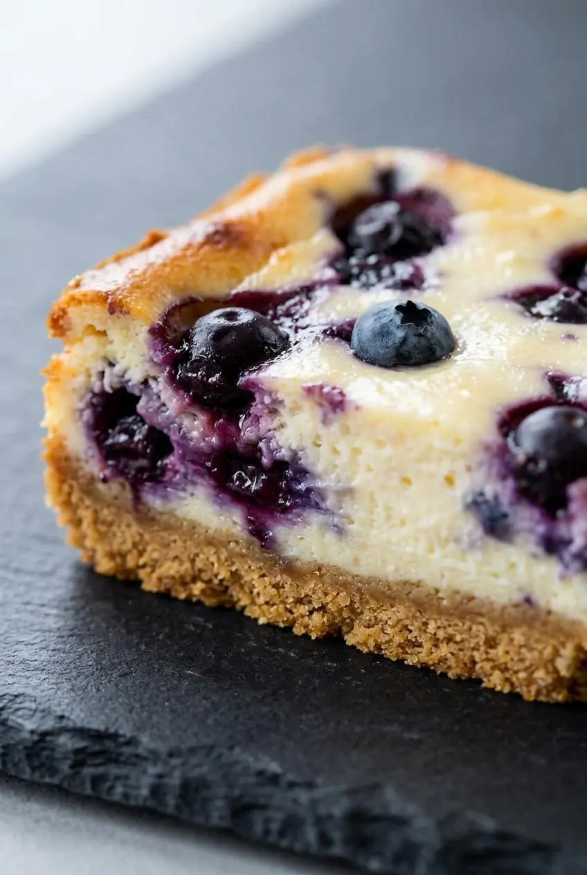 Close-up of a baked lemon blueberry cheesecake bar on dark slate showing the creamy texture and golden crust.