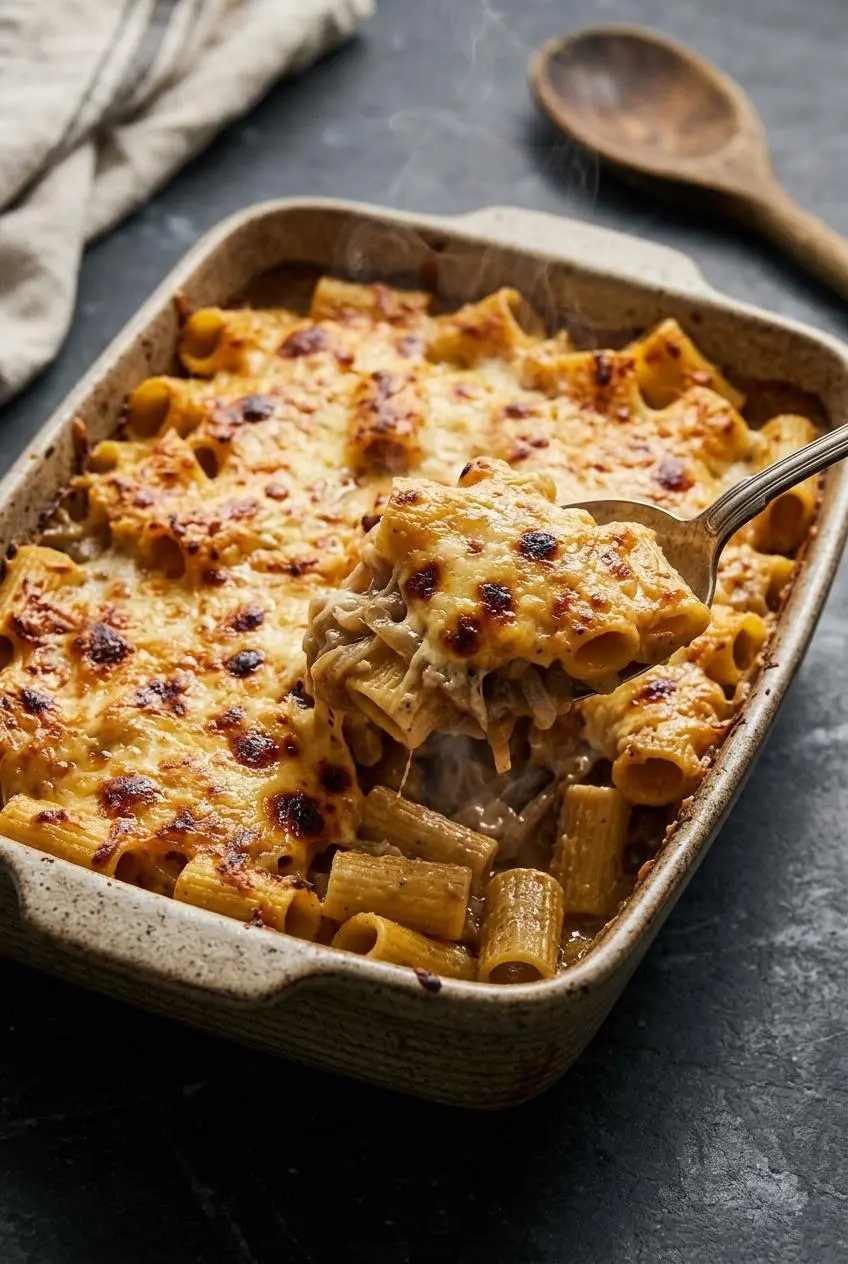 Baked French onion pasta in a ceramic baking dish, with a bubbly, golden-brown broiled Gruyère cheese crust.