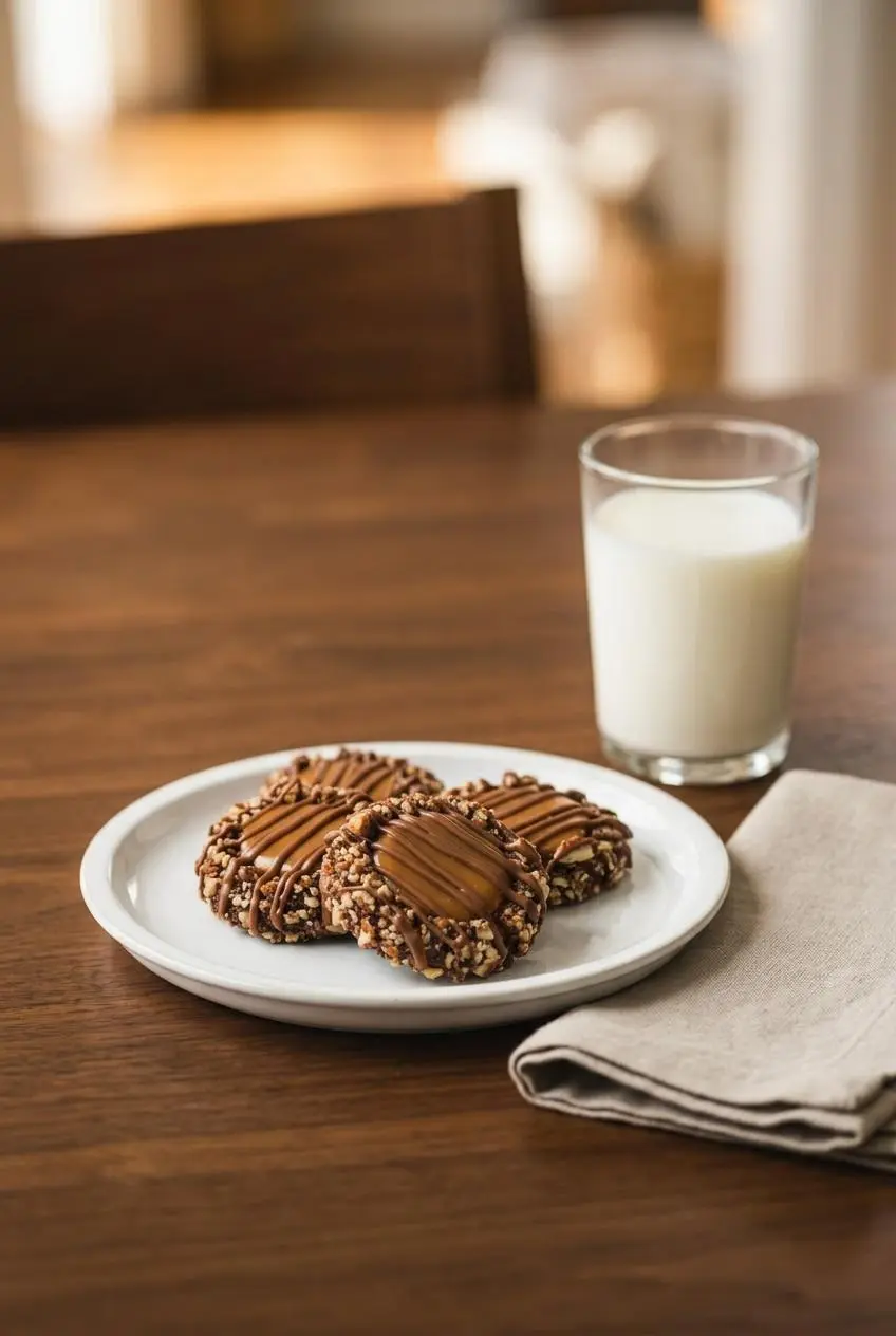 Four perfectly round turtle cookies arranged on a white plate next to a glass of milk on a dark wood table.