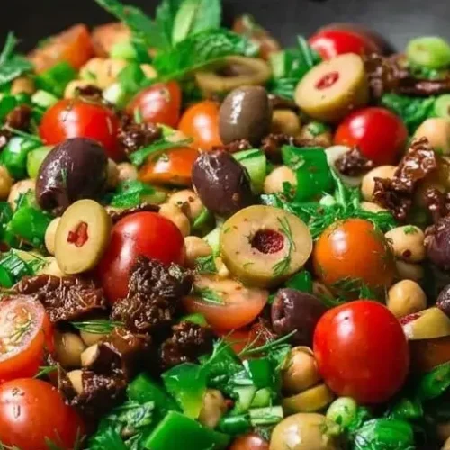 A large white bowl of Balela Salad Recipe, showing chickpeas, fresh herbs, tomatoes, and olives in a zesty, glossy dressing.