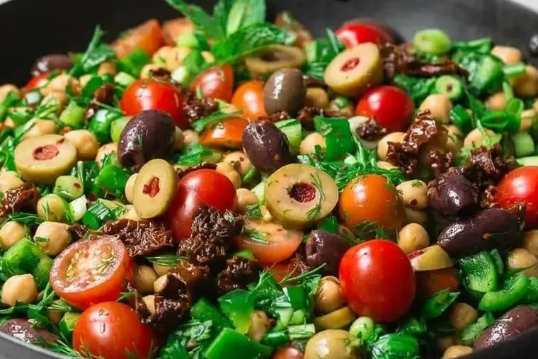 A large white bowl of Balela Salad Recipe, showing chickpeas, fresh herbs, tomatoes, and olives in a zesty, glossy dressing.