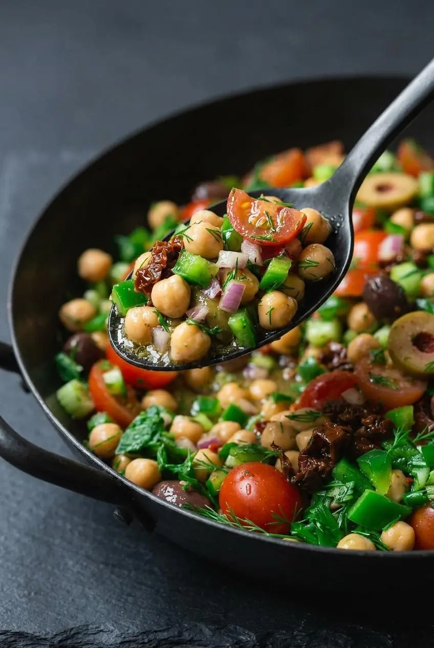 A close-up texture shot of Balela salad on a spoon, highlighting the uniformly diced vegetables, chickpeas, and fresh parsley coated in