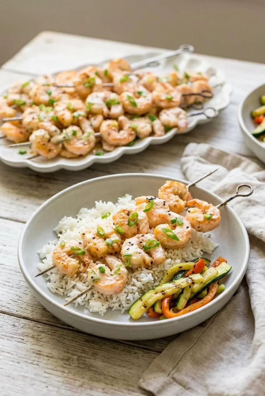 Bang Bang Shrimp skewers served in a gray bowl over coconut rice with a side of grilled zucchini and bell peppers for a complete meal.
