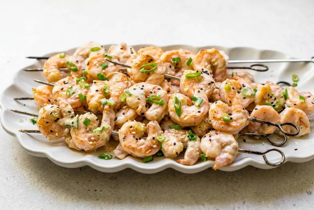 A white platter of Bang Bang Shrimp Skewers, grilled with char marks, coated in a creamy sauce, and sprinkled with scallions.
