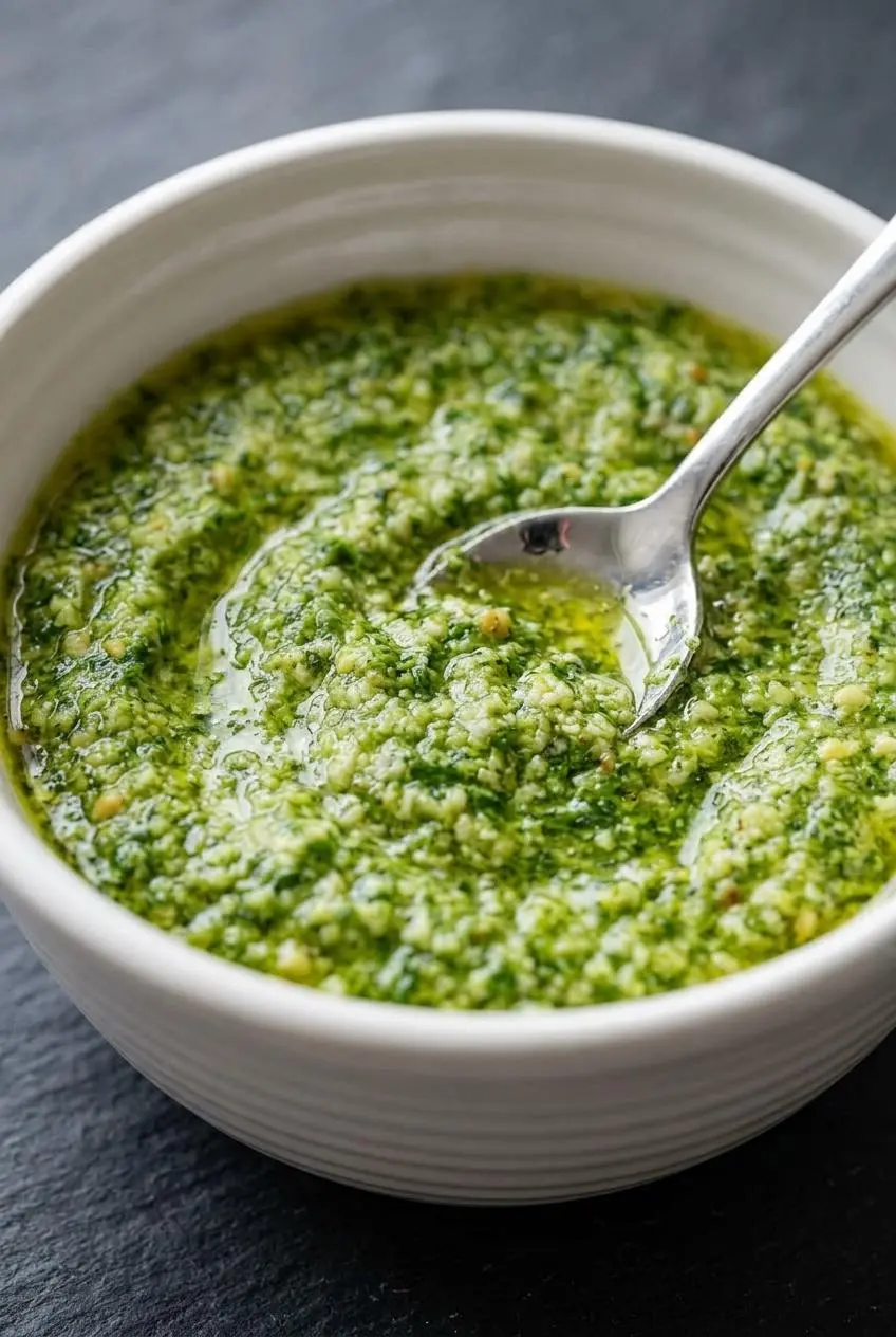 A close-up macro shot of basil pesto in a white bowl, showing its creamy and slightly coarse emulsified texture.