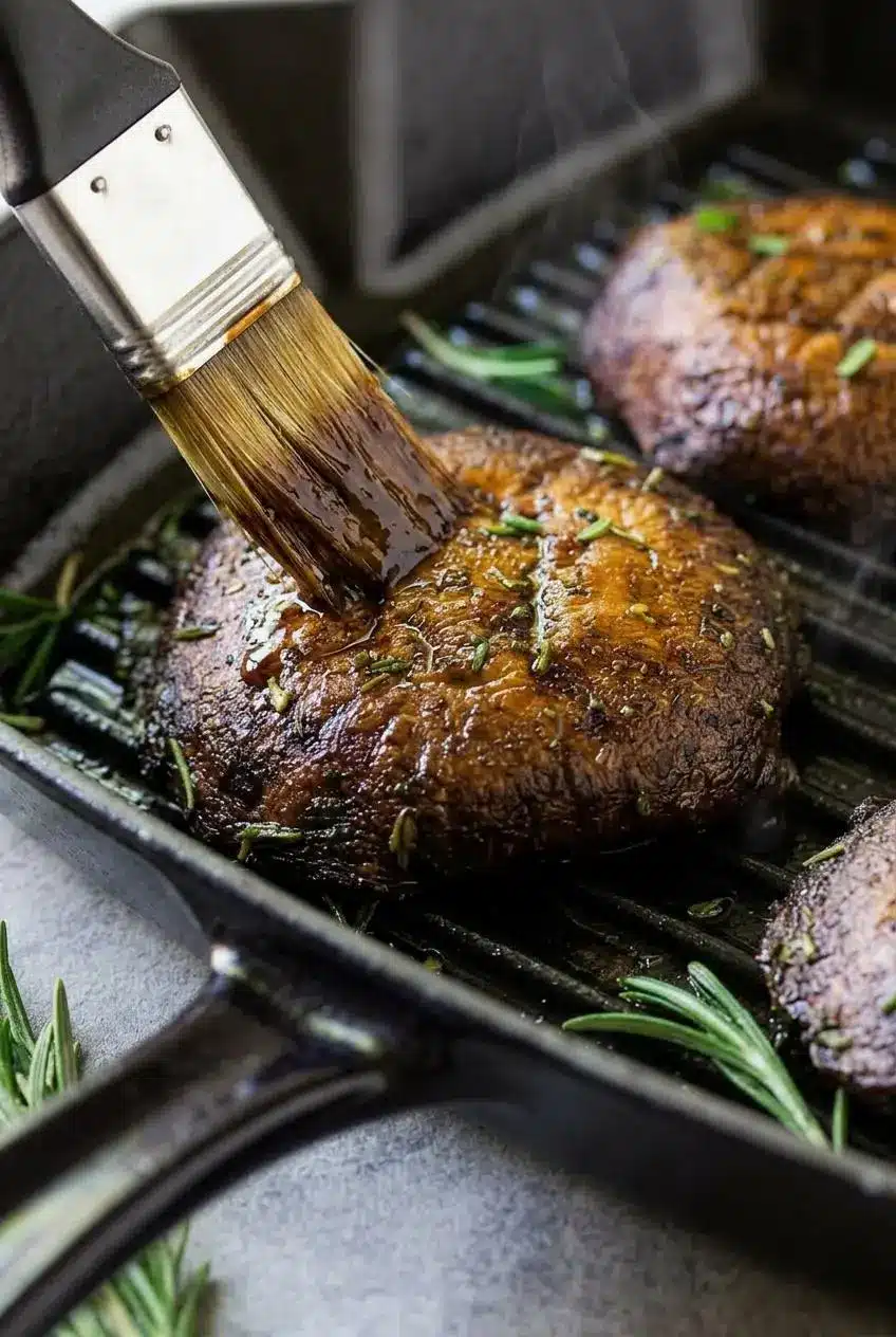 A close-up of a pastry brush applying a glistening balsamic marinade to a portobello mushroom cap sizzling on a hot grill grate.