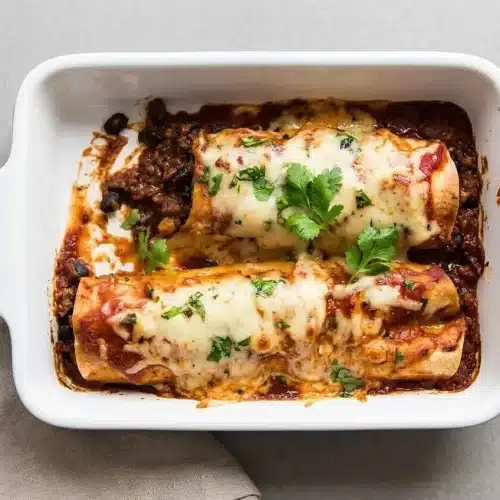 A white baking dish of baked beef enchiladas with bubbly, golden-brown melted cheese and rich red sauce.