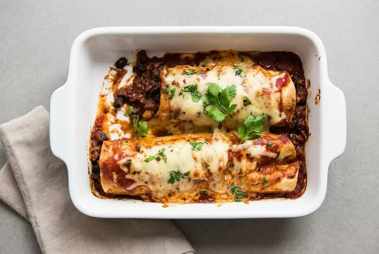A white baking dish of baked beef enchiladas with bubbly, golden-brown melted cheese and rich red sauce.