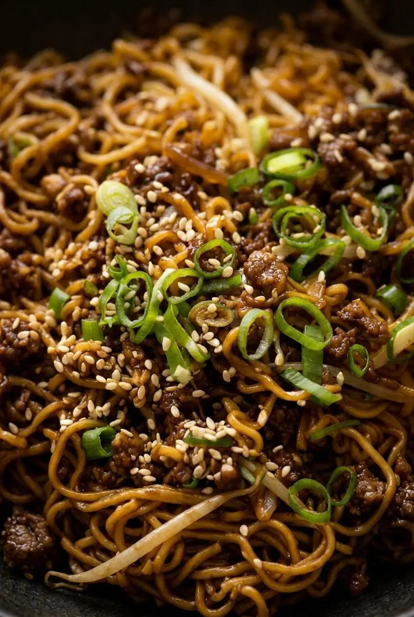 An extreme close-up of beef ramen noodles coated in a thick, glossy dark sauce with visible bits of caramelized beef and green onion.