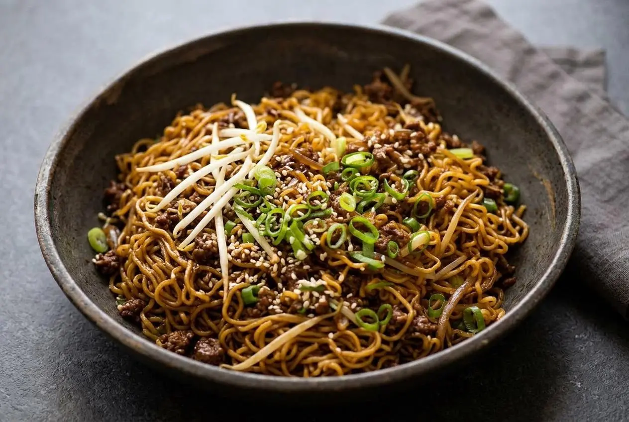 A bowl of beef ramen noodles with caramelized ground beef and a glossy savory-sweet sauce, garnished with green onions and sesame seeds.