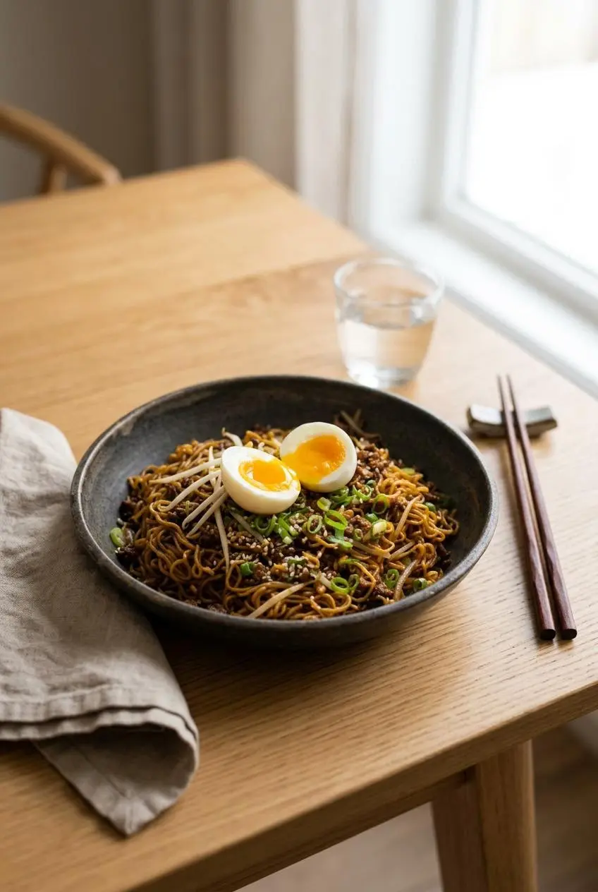 A bowl of beef ramen noodles on a wooden table, topped with a sliced soft-boiled egg revealing a jammy yolk, fresh green onions, and sesame