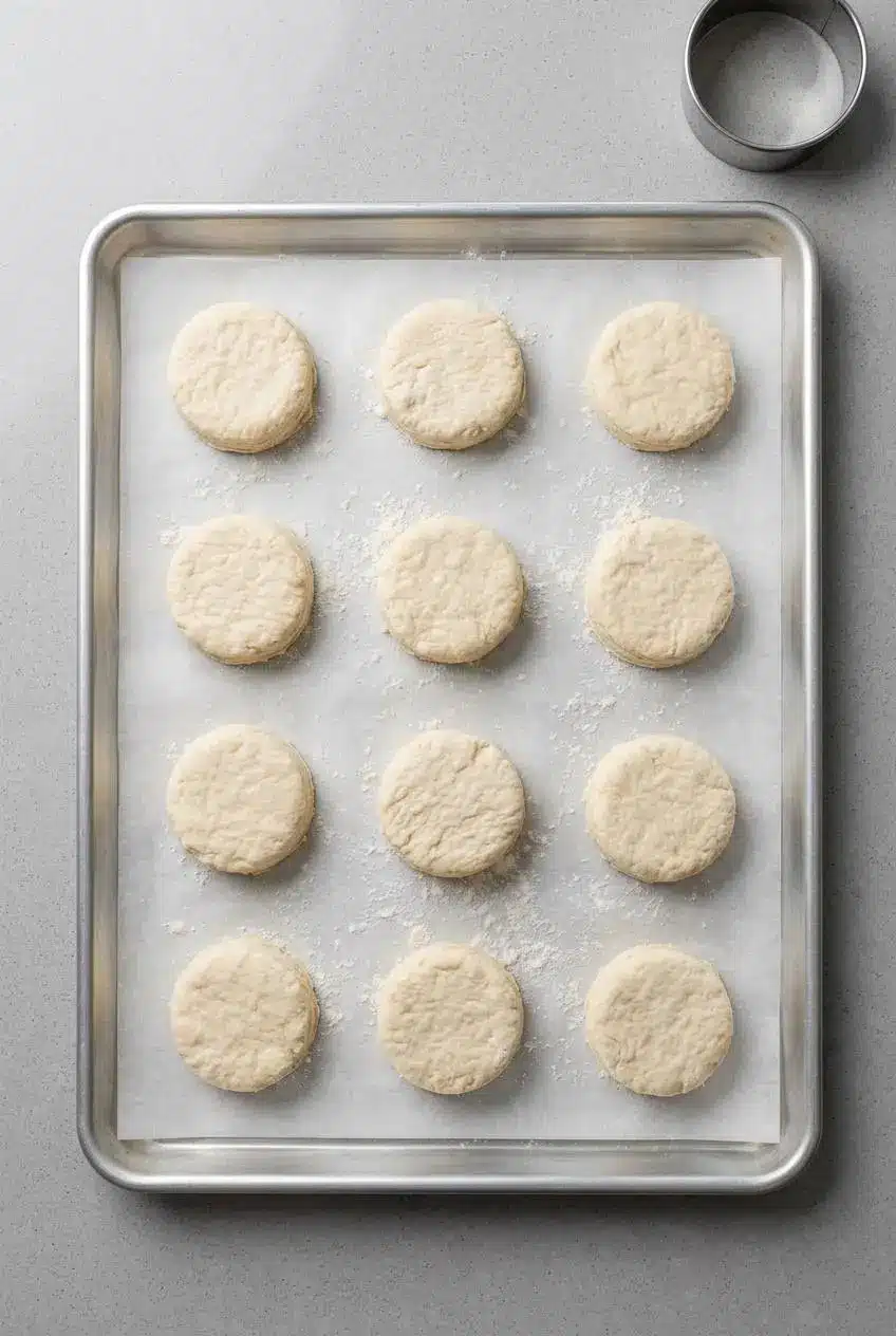 Top-down view of unbaked, cut biscuit dough rounds arranged on a parchment-lined baking sheet, ready for freezing.