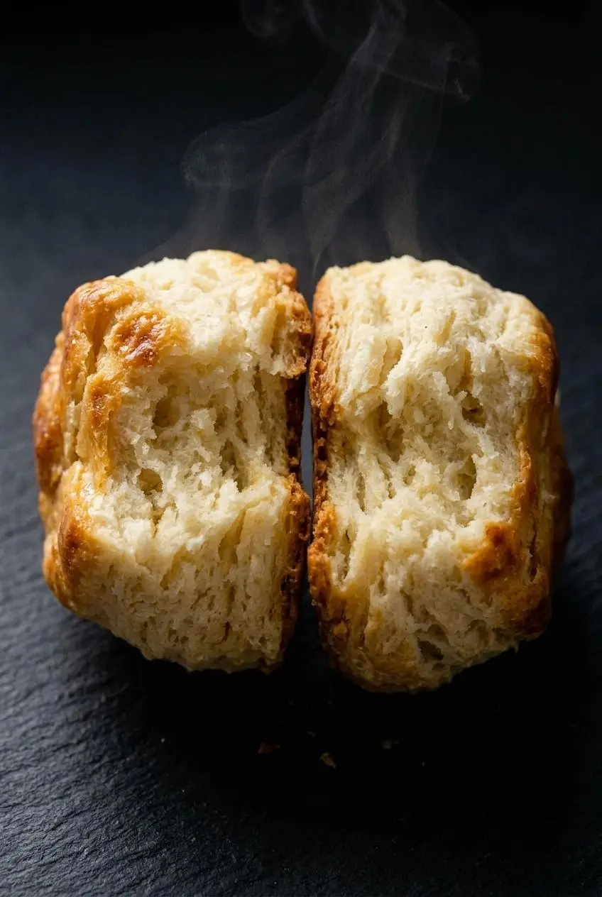 A close-up macro shot of a biscuit split in half, revealing dozens of light, steamy, pull-apart layers and an airy crumb.