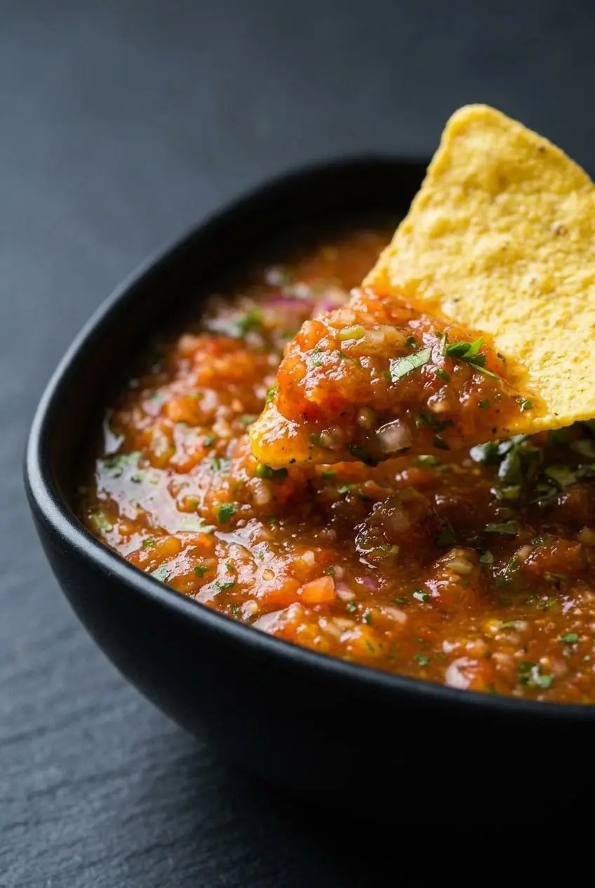 A close-up shot of a tortilla chip scooping chunky blender salsa, showing the distinct pieces of tomato, onion, and cilantro.