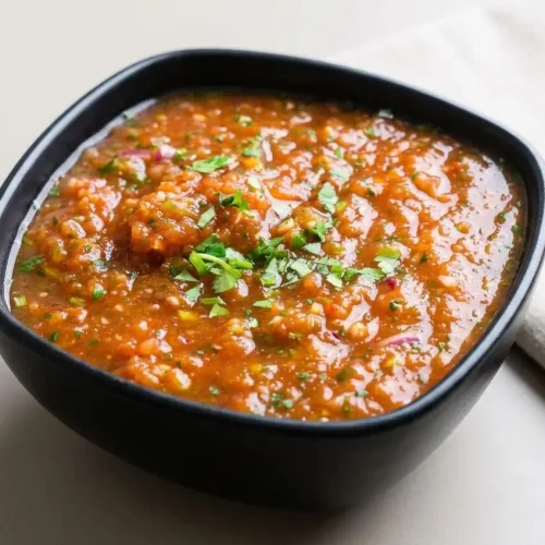 A dark bowl of chunky Blender Salsa made with fresh cilantro and onion, with a side of yellow corn tortilla chips for scooping.