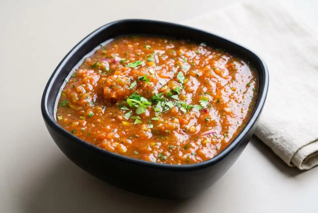 A dark bowl of chunky Blender Salsa made with fresh cilantro and onion, with a side of yellow corn tortilla chips for scooping.