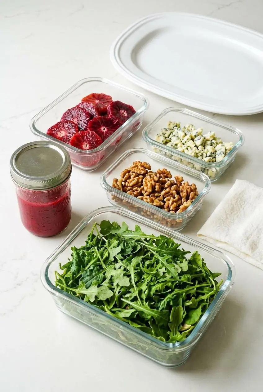 Glass containers on a countertop showing separated blood orange salad ingredients for meal prep: dressing, greens, orange slices