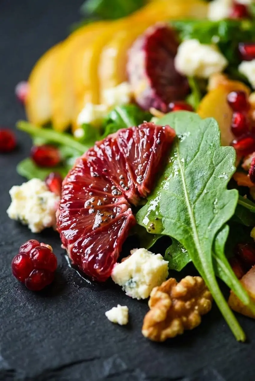 A close-up macro shot of blood orange salad, highlighting a glistening supremed orange segment, a kale leaf in poppy seed dressing, and a