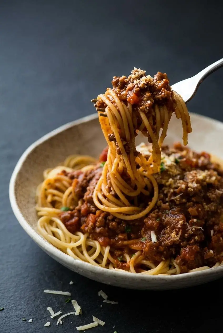 A close-up of a fork twirling spaghetti, showing how the thick bolognese sauce clings to each strand without dripping.