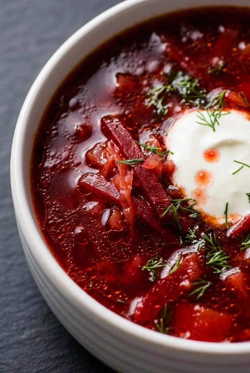 Extreme close-up on a bowl of borscht, showing the texture of the ruby-red broth with tender beets and a swirl of sour cream.