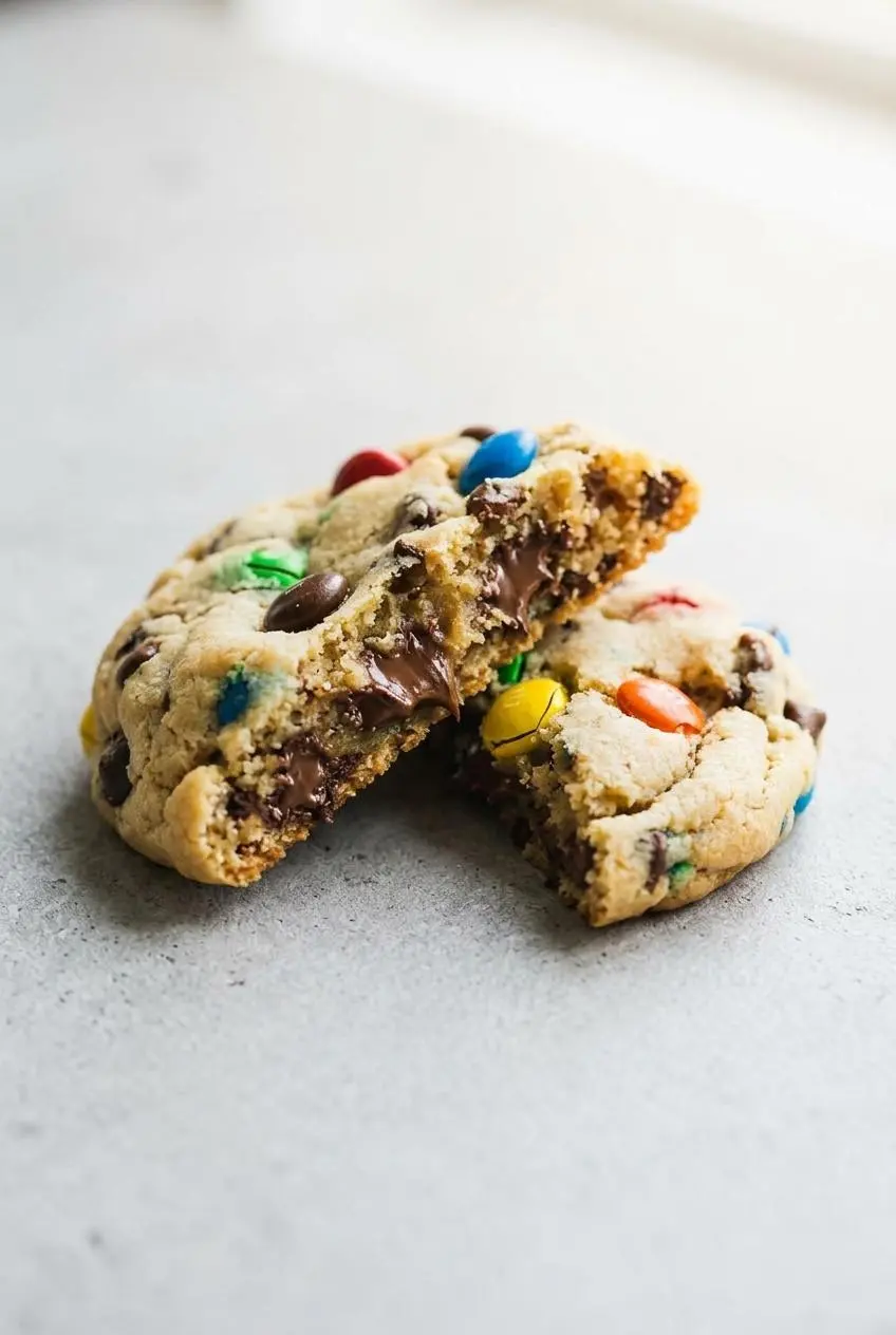 A soft M&M chocolate chip cookie broken in half, showing a chewy, underdone center with melted chocolate.