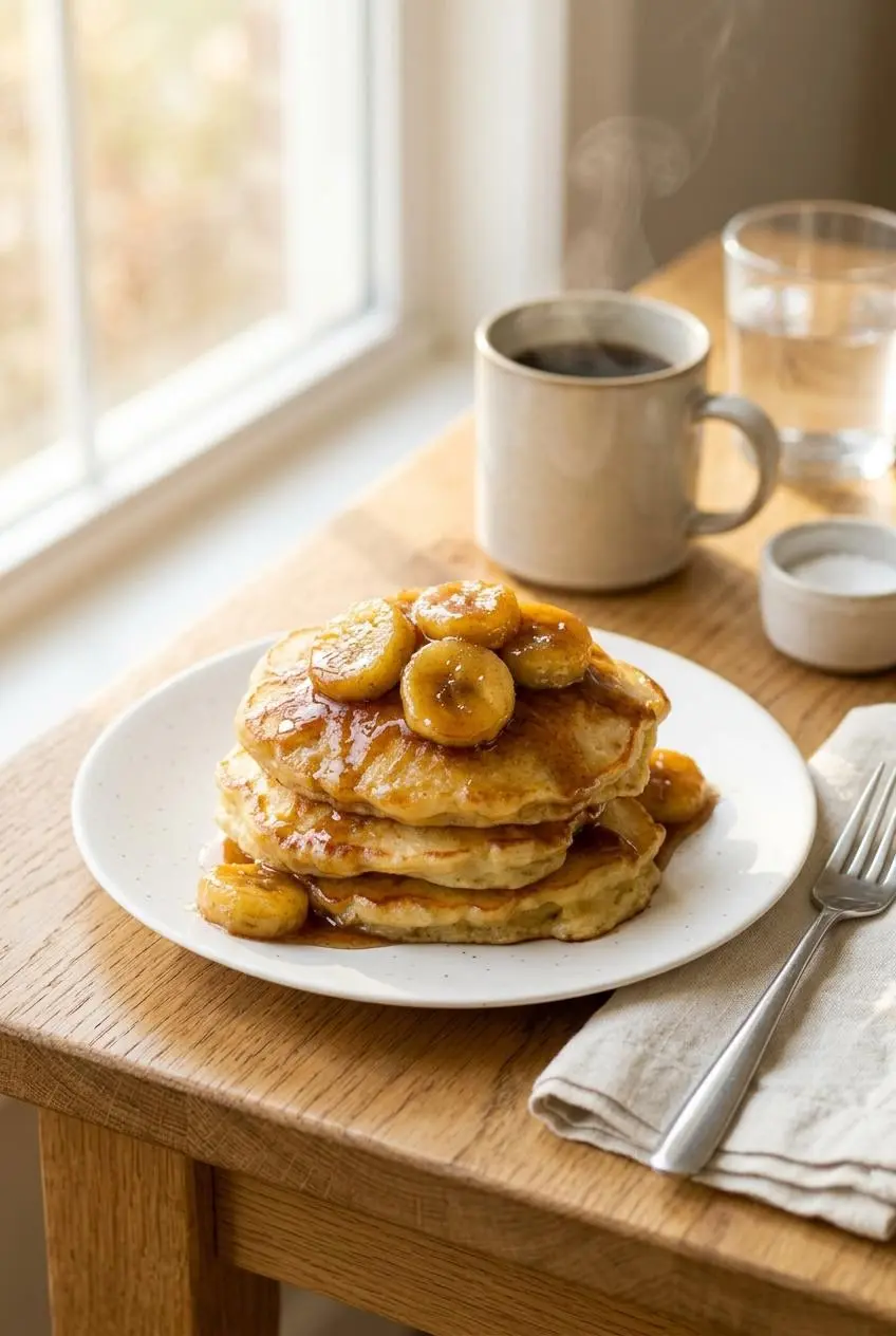 A stack of banana pancakes on a white plate, generously topped with glossy caramelized banana slices, on a wooden table in morning light.