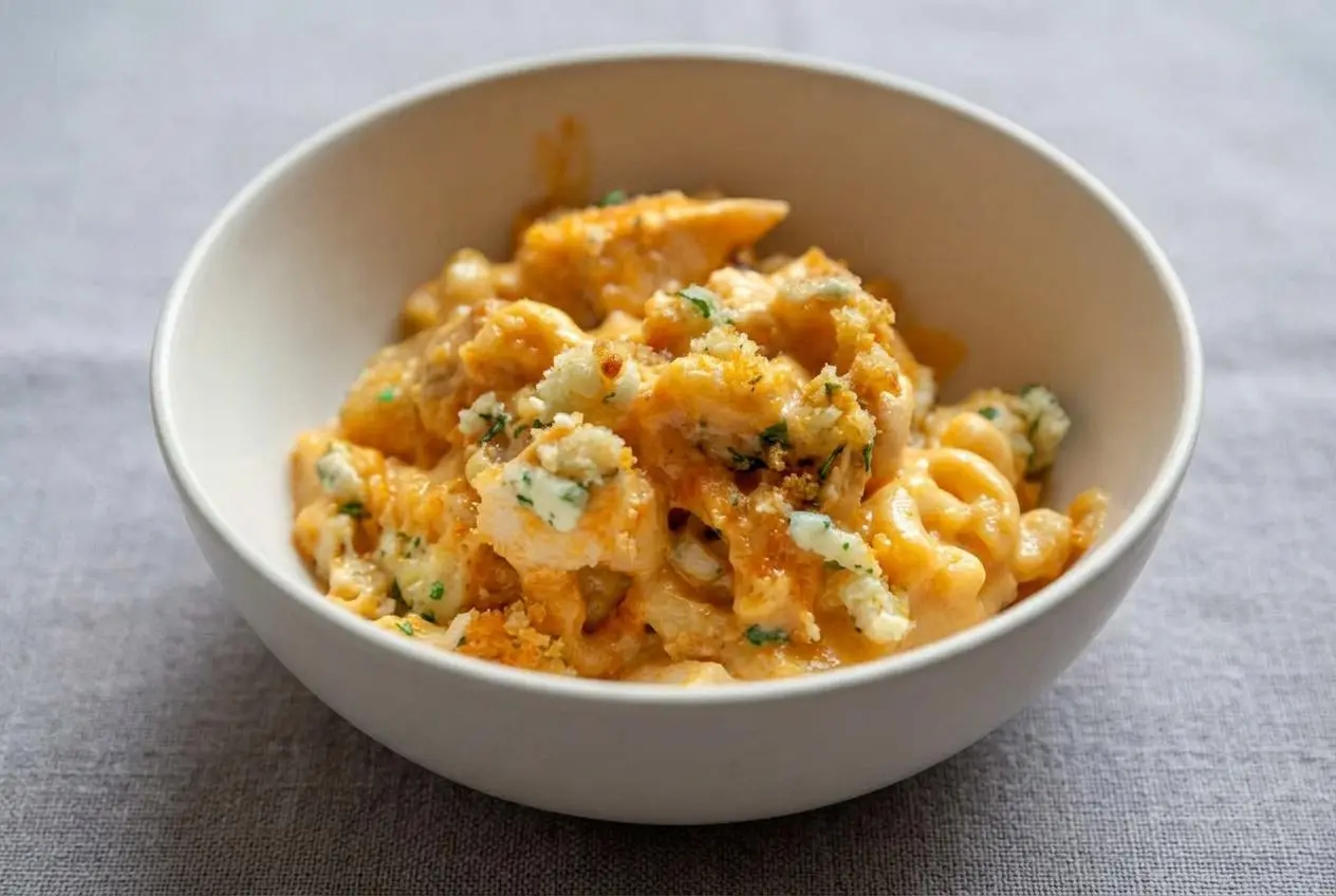 A rectangular white casserole dish of baked Buffalo Chicken Mac and Cheese with a golden panko and blue cheese topping.