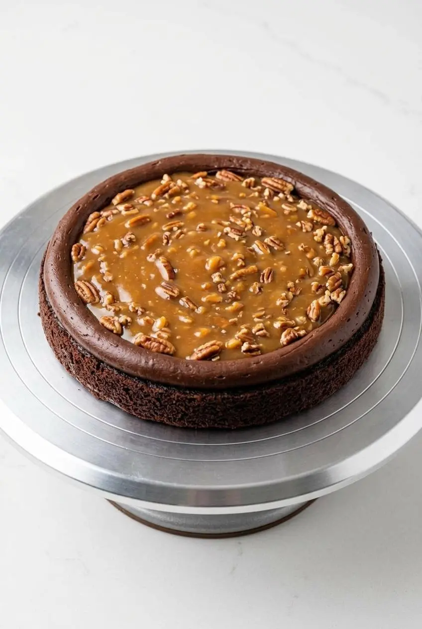 Piped fudge frosting dam around a chocolate cake layer filled with golden caramel and chopped toasted pecans.