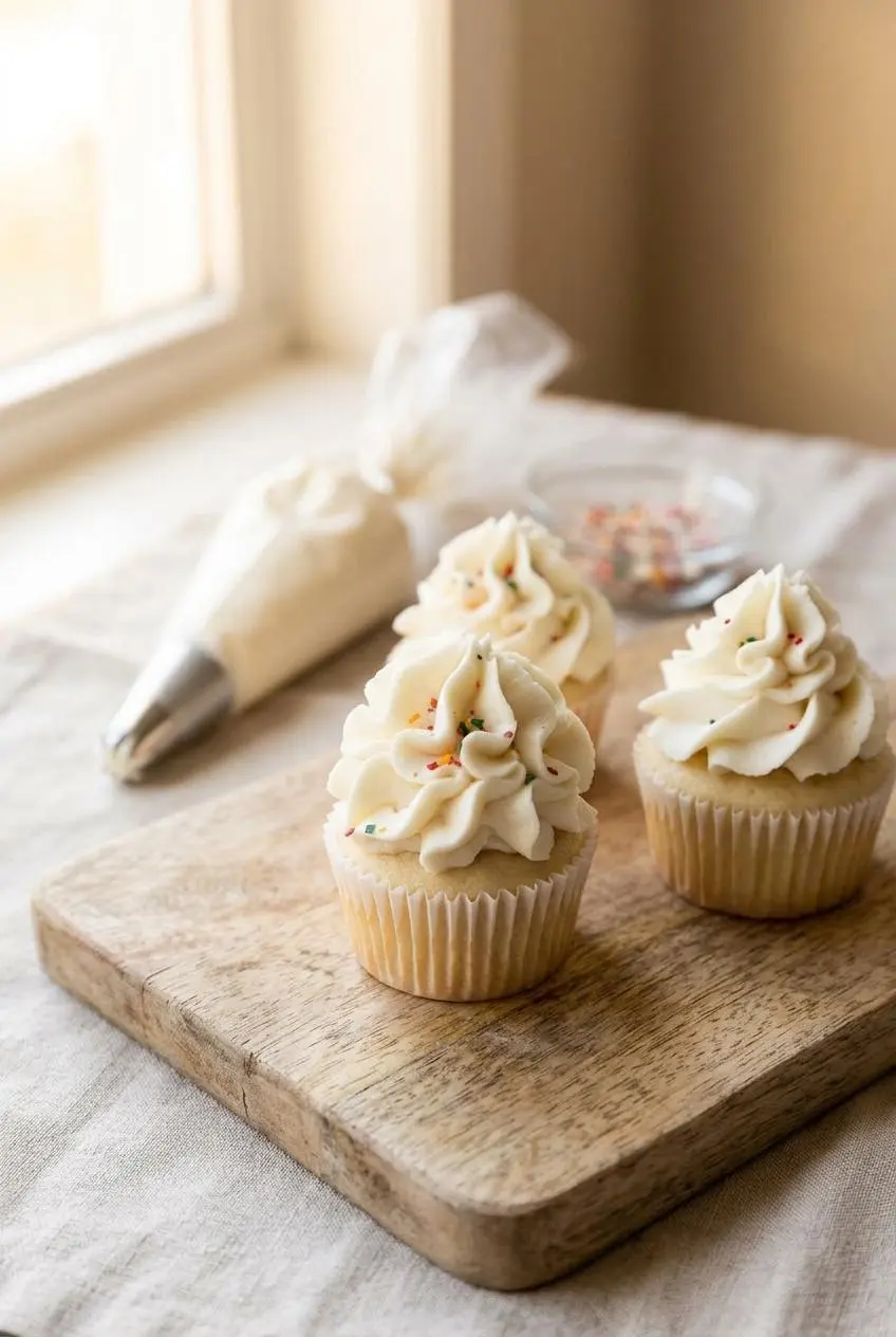 Three vanilla cupcakes on a light wooden board, each topped with a large, perfectly piped swirl of white buttercream frosting.