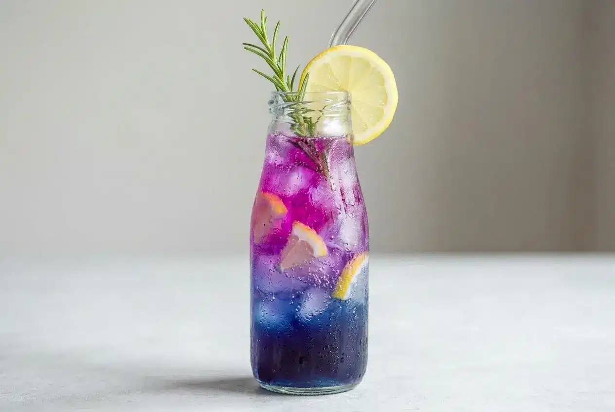 A tall, clear glass of vibrant purple butterfly pea flower lemonade with ice, garnished with a fresh lemon slice and a rosemary sprig.