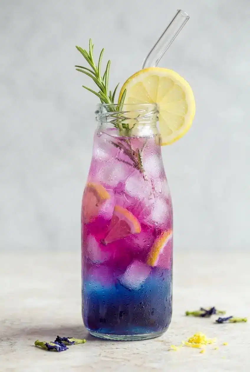 A hand pours lemon juice into a glass of blue butterfly pea flower tea with ice, creating vivid purple and pink swirls as the colors mix.