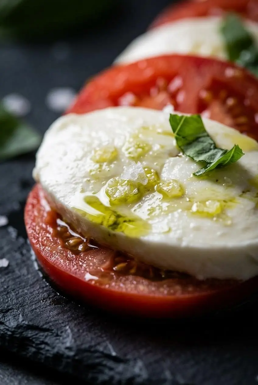 Extreme close-up on a slice of heirloom tomato and fresh mozzarella, highlighting the texture of flaky sea salt and a drizzle of olive oil.