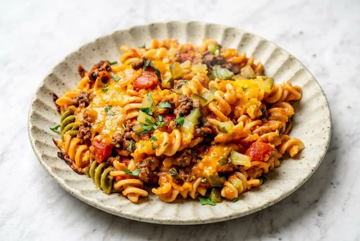 A white baking dish of cheeseburger casserole with a bubbly, golden-brown melted cheddar cheese topping and a sprinkle of chopped dill