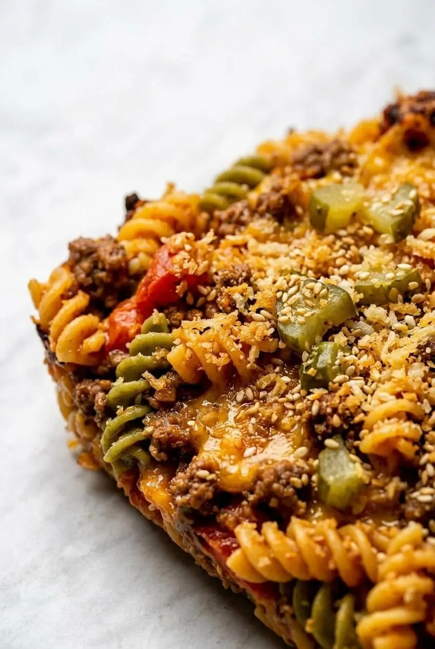 A macro close-up of the corner of a cheeseburger casserole, showing the crunchy texture of a panko and sesame seed topping over melted