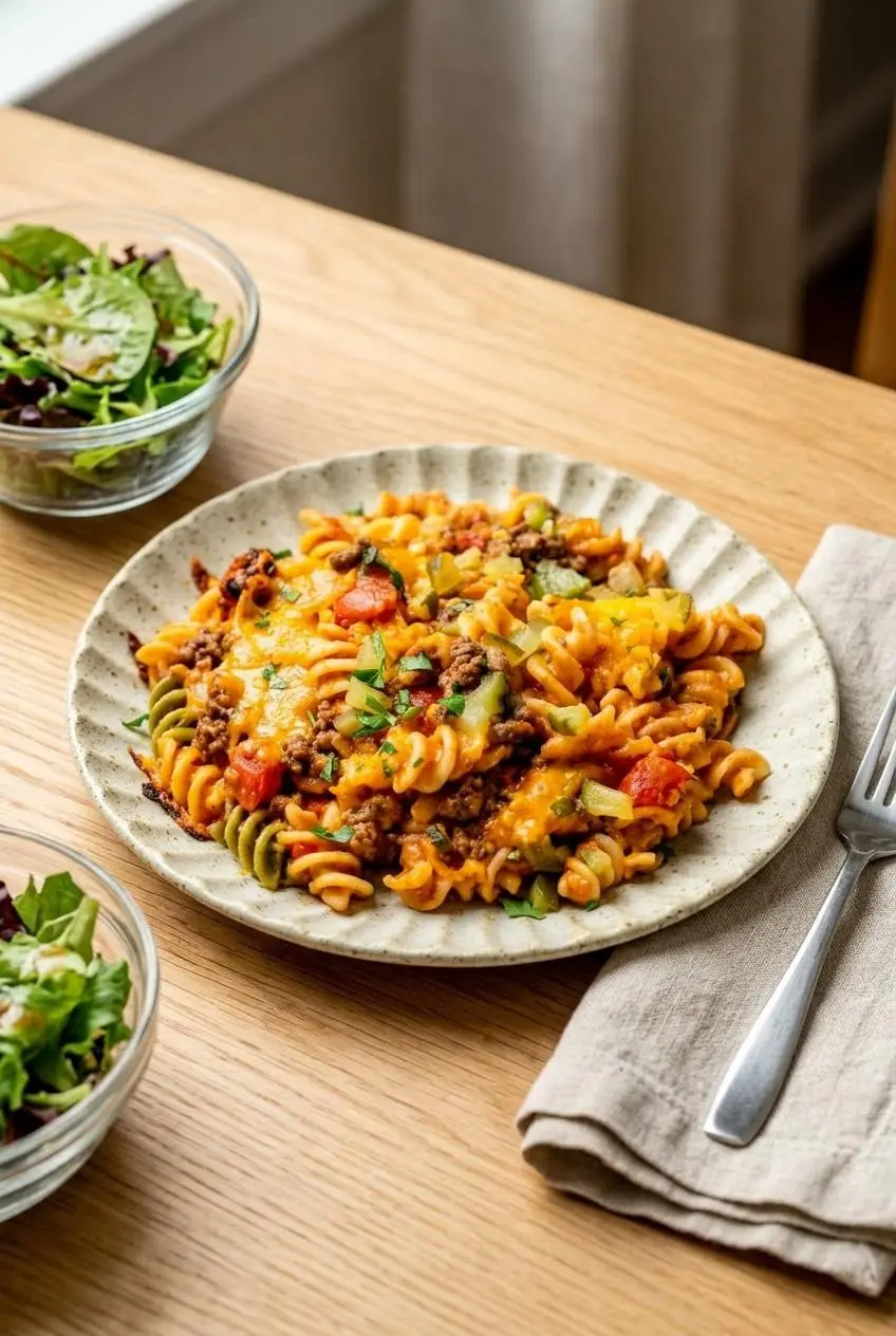 A serving of cheeseburger casserole on a light gray plate, next to a small bowl of green salad with vinaigrette on a wooden table.