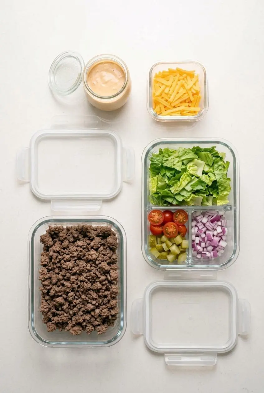 Top-down view of glass meal prep containers holding separated cheeseburger salad ingredients: cooked beef, lettuce, toppings, cheese, and
